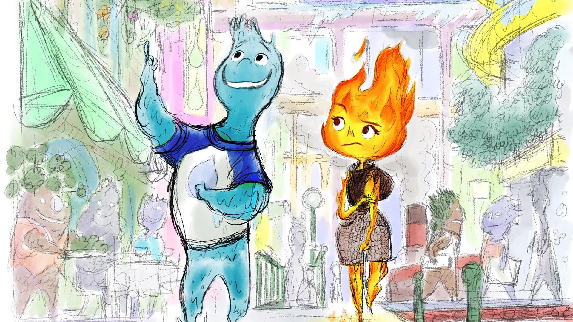 los opuestos se atraen como nunca en el primer trailer de elementos de pixar concept art