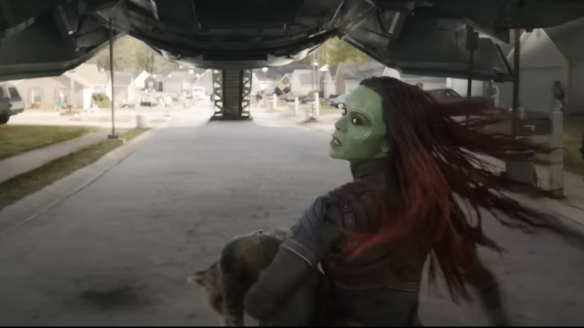 Gamora lleva a Rocket en sus brazos 