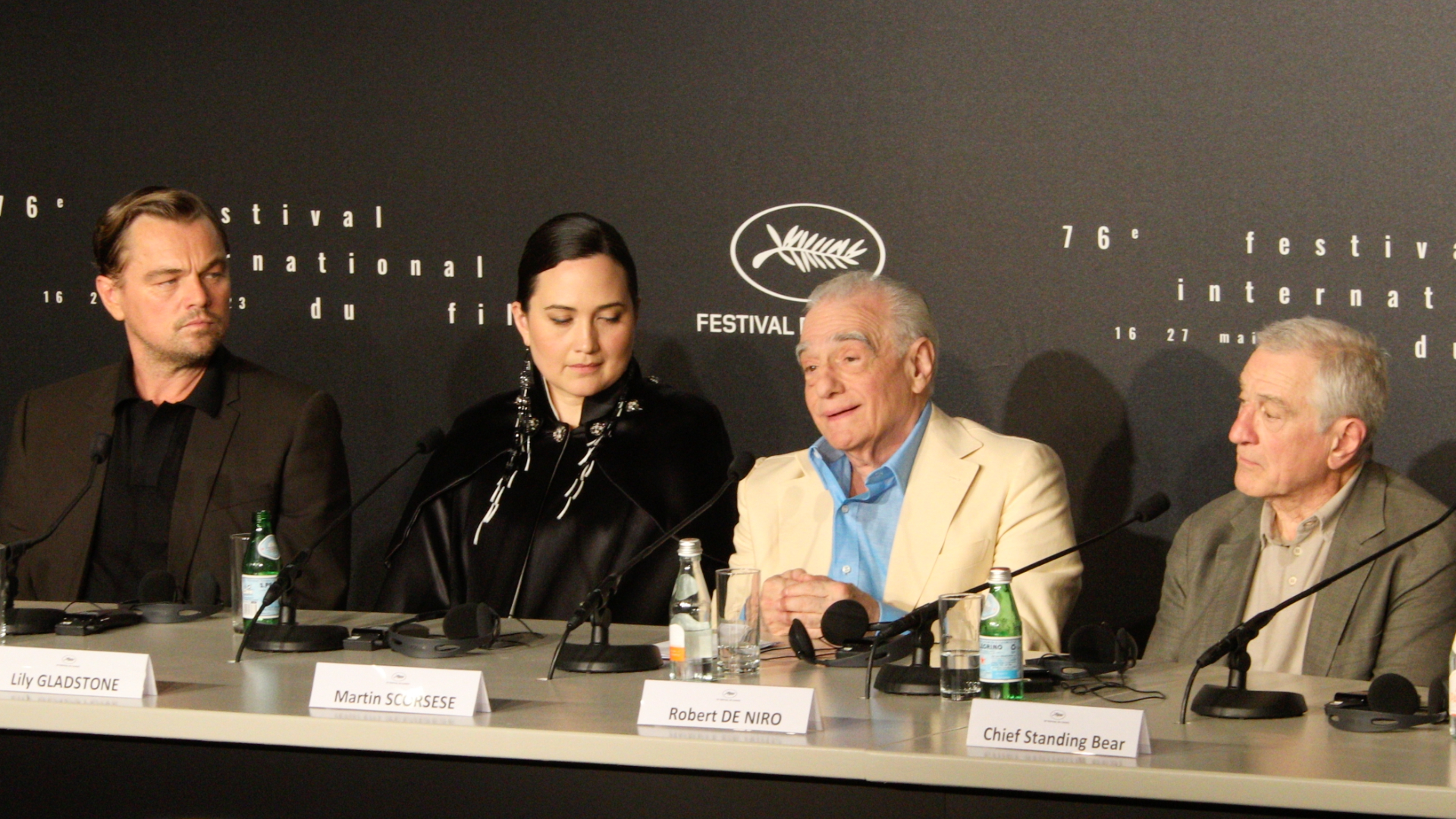 Lily Gladstone actriz, Robert De Niro, Leonardo DiCaprio y Martin Scorsese Cannes 2023