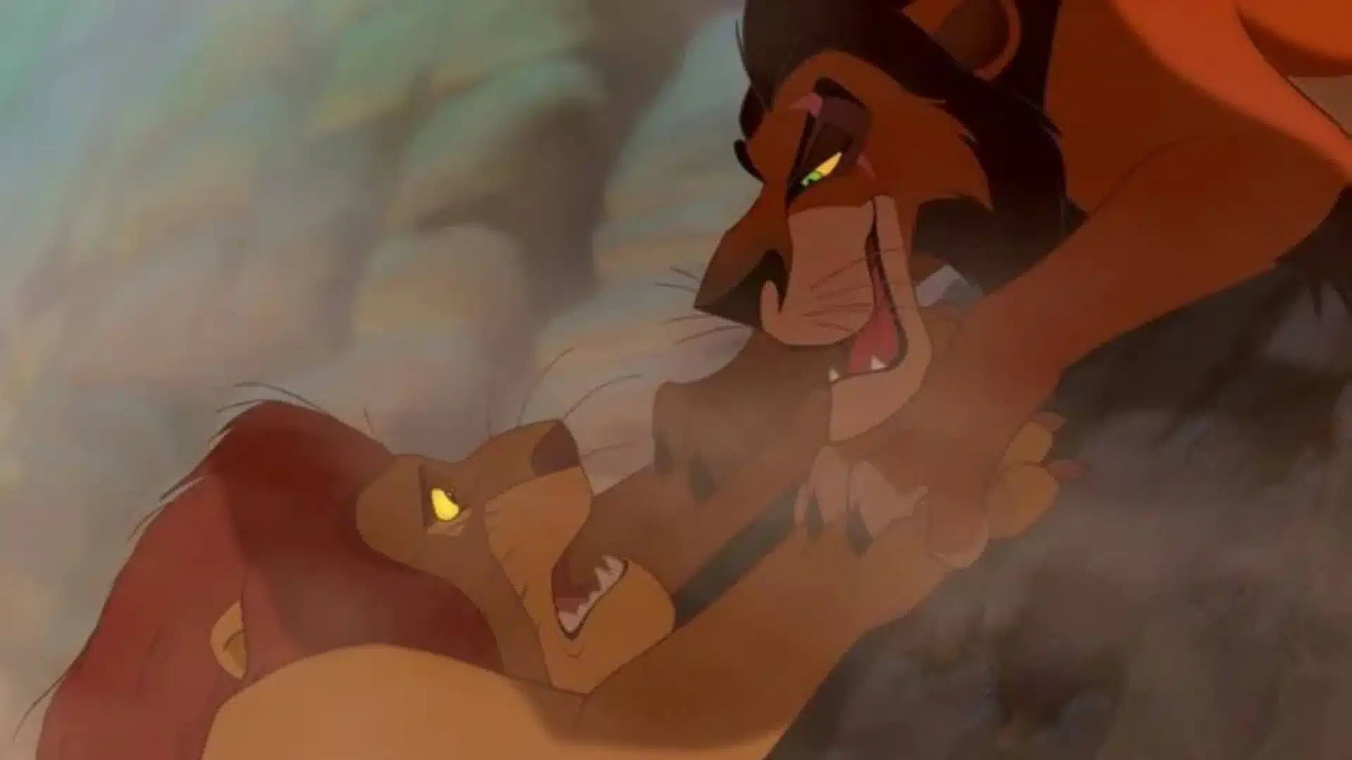 Scar, el tío de Simba, empuja a su hermano Mufasa a un desfiladero por el cual desborda una estampida de antílopes, para así usurpar el trono.