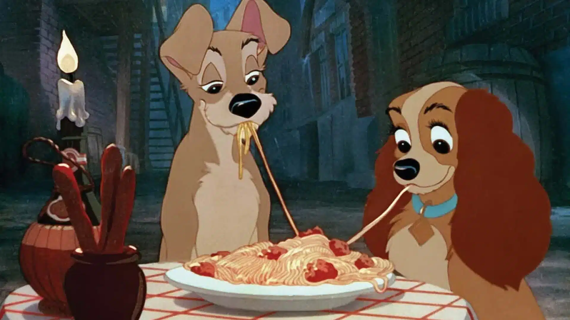 Películas de perritos La dama y el vagabundo escena comida 