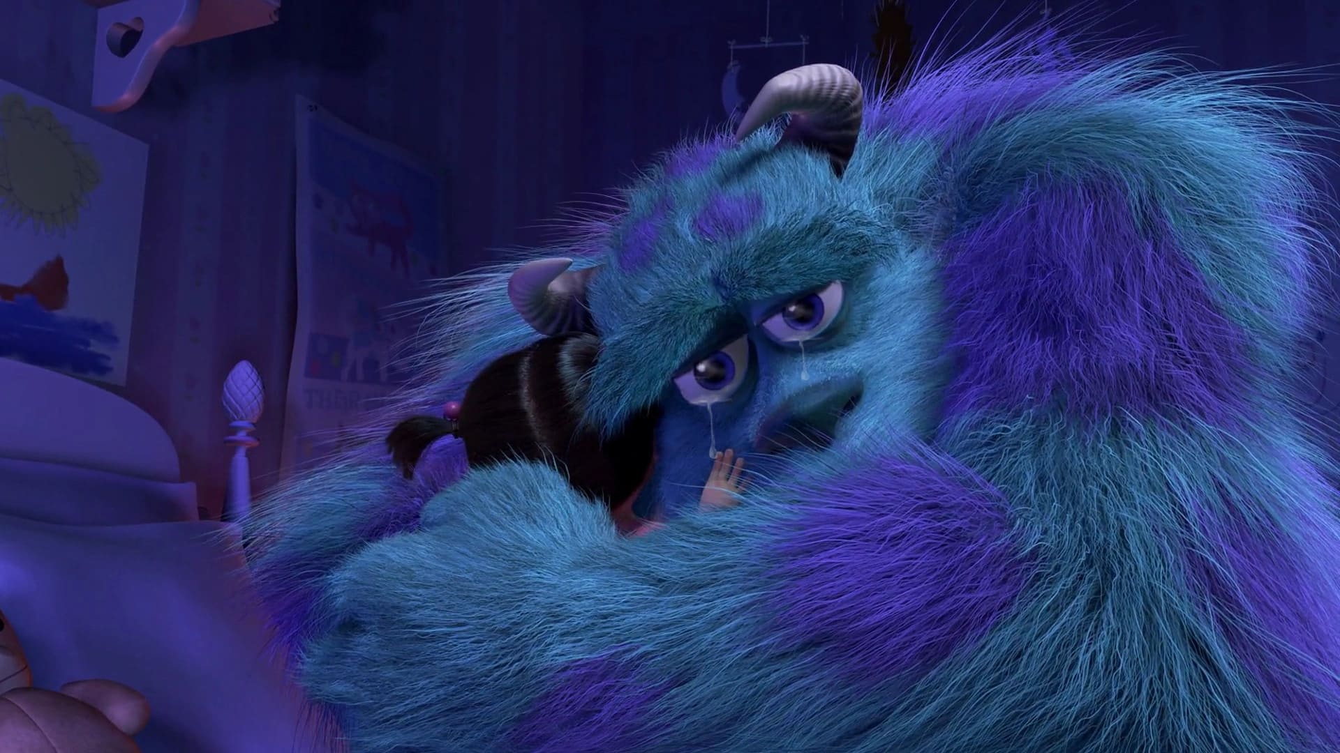 Abrazo de Sulley y Boo en Monsters Inc