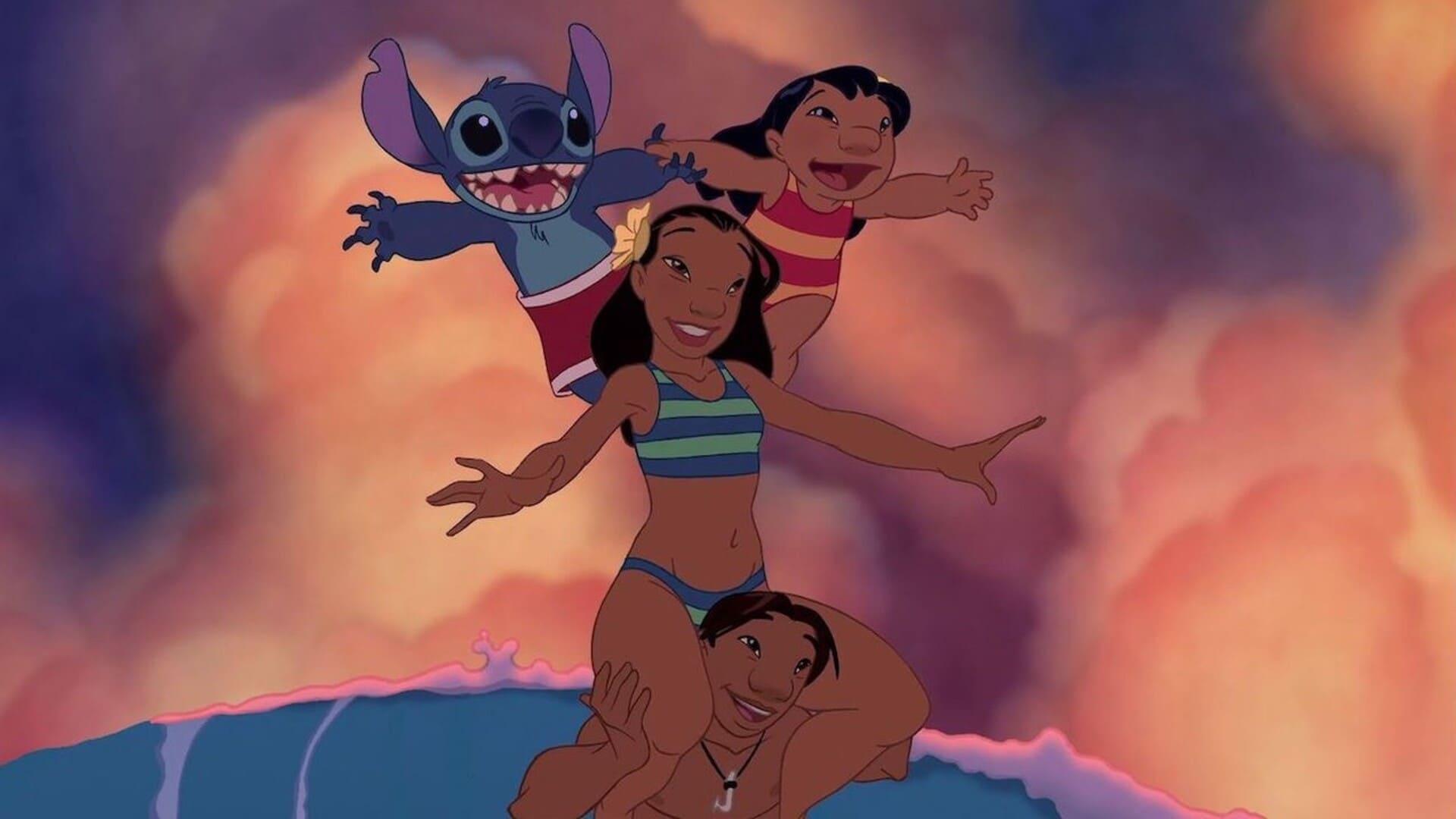lilo y stitch familia surfeando